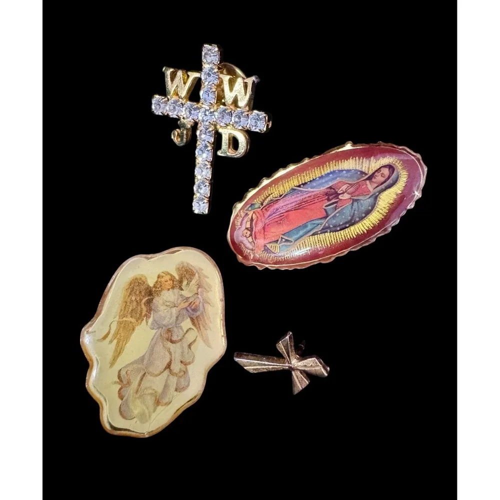 Christian Brooch Pin Lot 4 WWJD Cross Angel Guadalupe Rhinestone Gold Tone